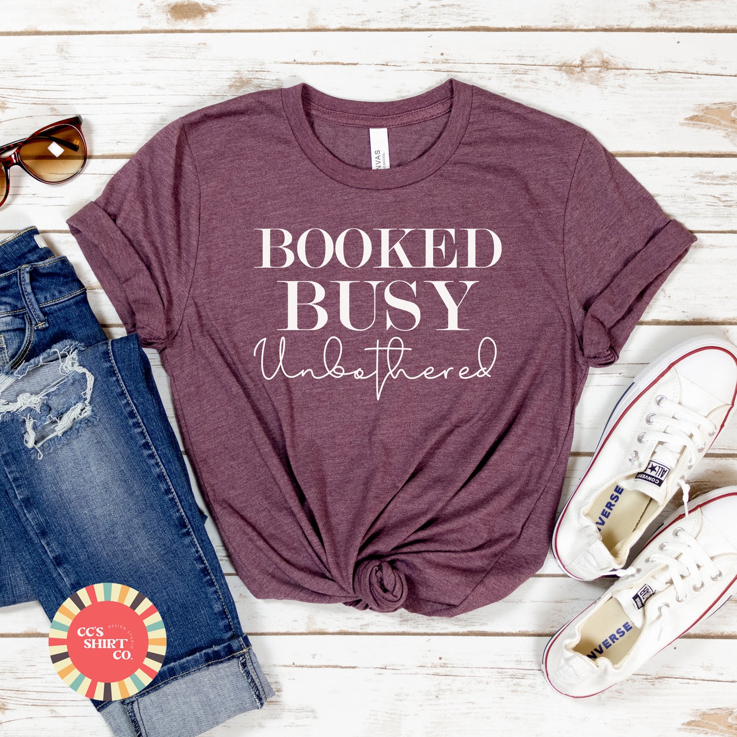 Booked, Busy, & Unbothered! A Soft-Style Shirt in Heather Maroon